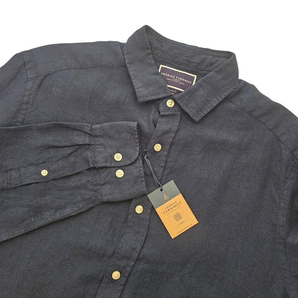 Charles Tyrwhitt Men M Navy Blue 100% Linen Button Up Shirt Classic Fit Prep NWT